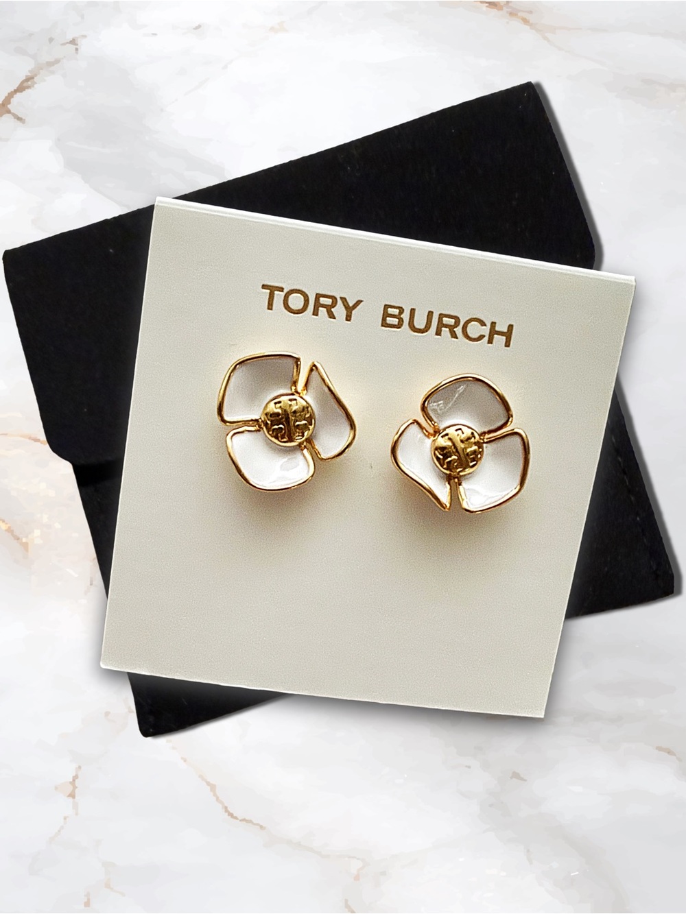 Tory Burch Fleur White Enamel Gold Tone Floral Stud Earrings Logo